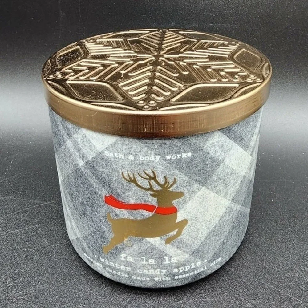 Bath & Body Works Winter Candy Apple‎ Gray Plaid Reindeer 3-Wick Candle Gold Lid
